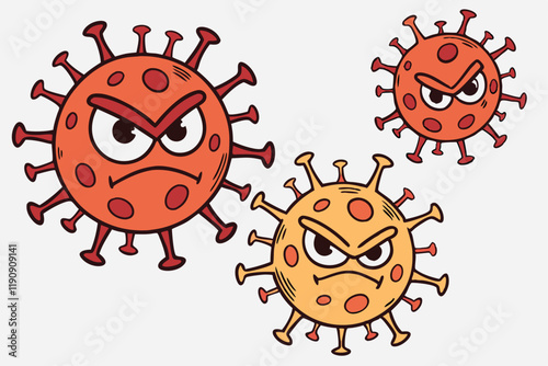 Cartoon virus icons, spiky spheres with angry eyes, red and orange color palette, minimalist design, flat graphic style, menacing expressions, simple shapes, healthcare illustration, microbiology symb