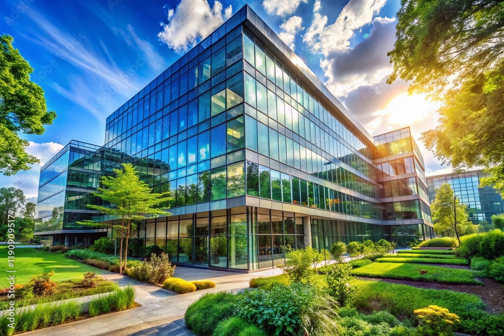 Modern Office Building Amidst Lush Greenery: Sustainable Architecture & Landscaping Stock Photo Modern Office Building Amidst Lush Greenery: Sustainable Architecture & Landscaping Stock Photo