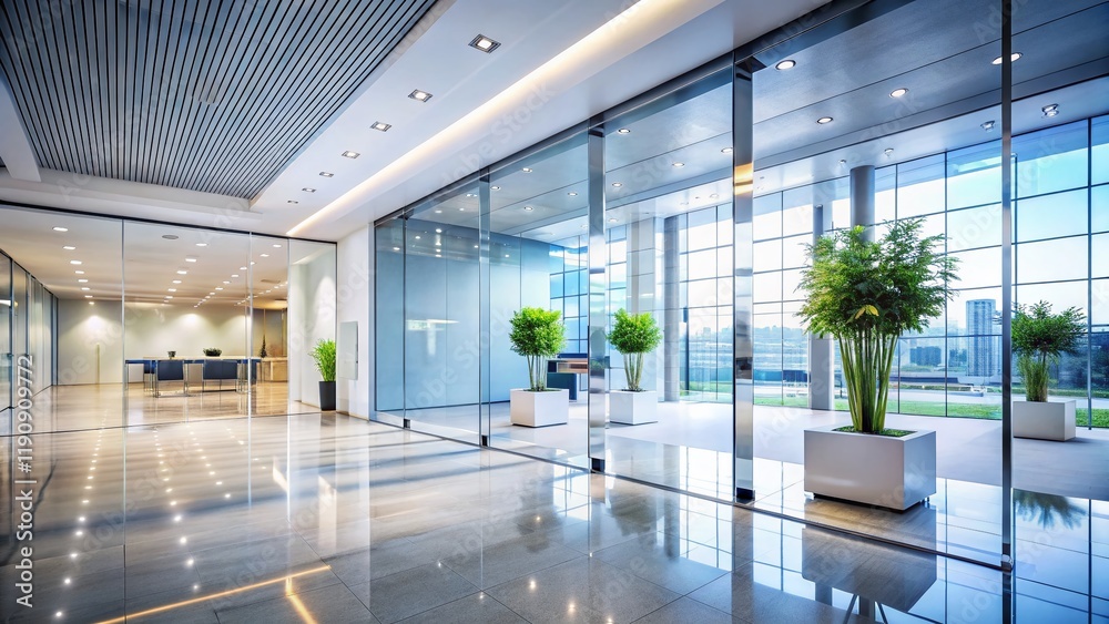 Modern Office Lobby Macro: Blurred Background, White Interior, Glass Walls, Reception Desk Modern Office Lobby Macro: Blurred Background, White Interior, Glass Walls, Reception Desk
