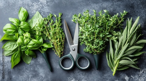 Freshly cut herbs and greens arranged with scissors on dark surface for cooki...