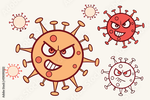 Cartoon virus icons, spiky spheres with angry eyes, red and orange color palette, minimalist design, flat graphic style, menacing expressions, simple shapes, healthcare illustration, microbiology symb