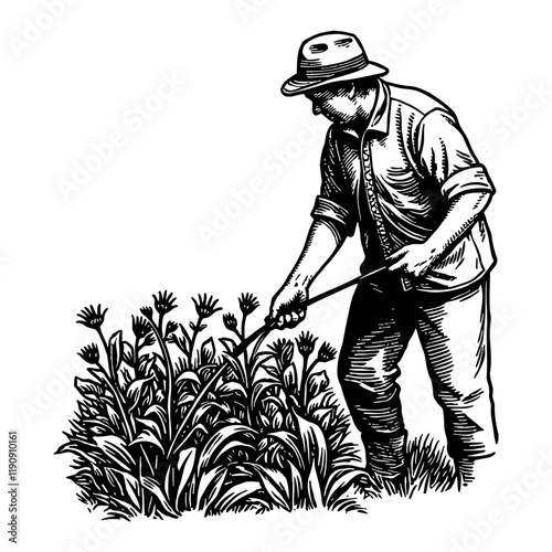 Gardener Working in Field with Hat Black and White Outline Line Art Drawing Detailed Illustration