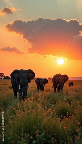 A herd of elephants walking gracefully in the sunset on an African savannah.