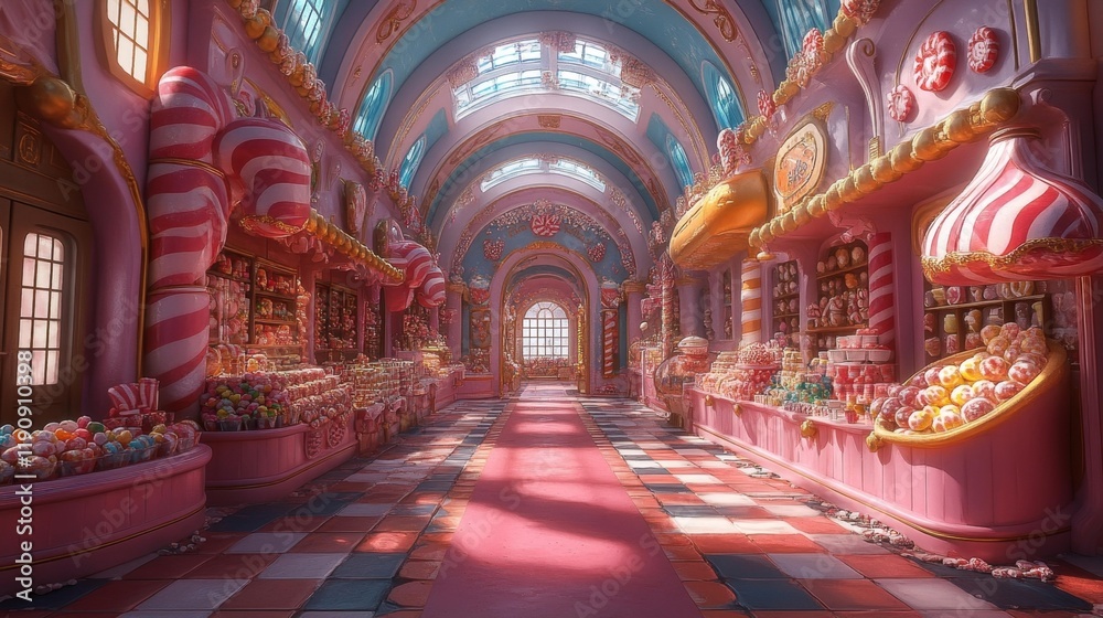 Obraz premium Whimsical Candy Factory Interior. Generative AI