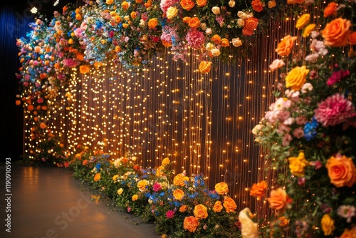Vibrant floral stage setup illuminated by dramatic lighting for a performance...