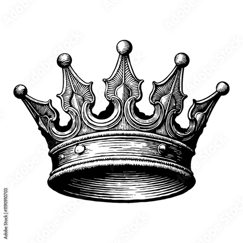 Detailed Medieval Royal Crown Black and White Outline Line Art Drawing Isolated on White