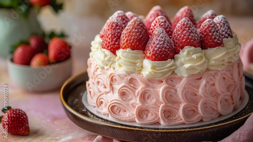 Delicious strawberry cream cake topped with fresh berries on a decorative plate