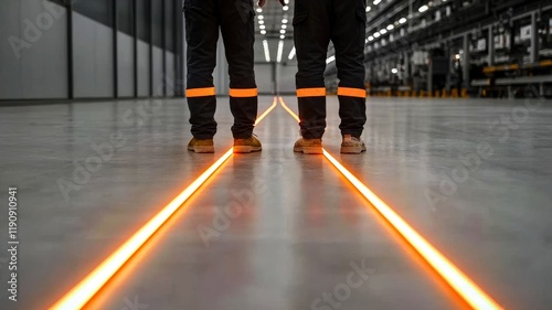 Wallpaper Mural Two workers stand on a brightly lit floor with orange lines, highlighting a safe pathway in an industrial environment. Torontodigital.ca