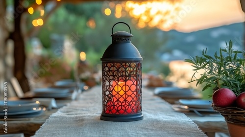 Softly glowing red lantern against a backdrop of sunlight filtering through w...