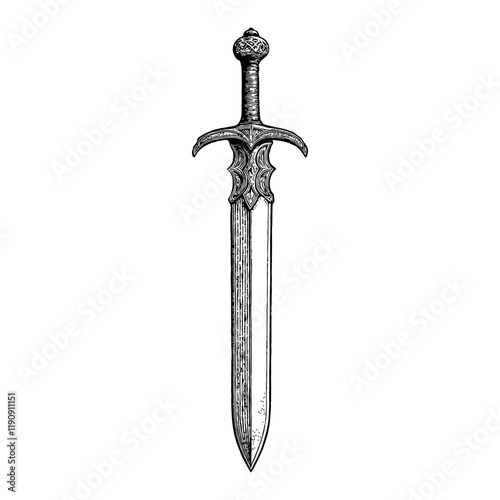 Medieval Sword with Intricate Details in Black and White Outline Line Art Drawing