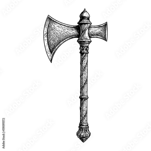 Medieval War Axe Detailed Black and White Outline Line Art Drawing Engraved with Decorative Handle