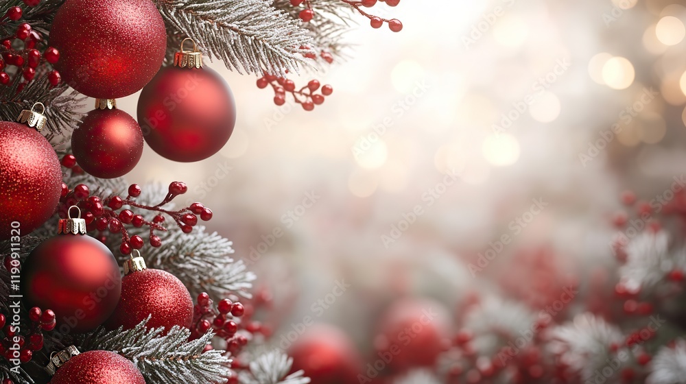 Red ornaments on the left side of a frame with blurred lights in the background, leaving room for a festive message in the center Red ornaments on the left side of a frame with blurred lights in the background, leaving room for a festive message in the center