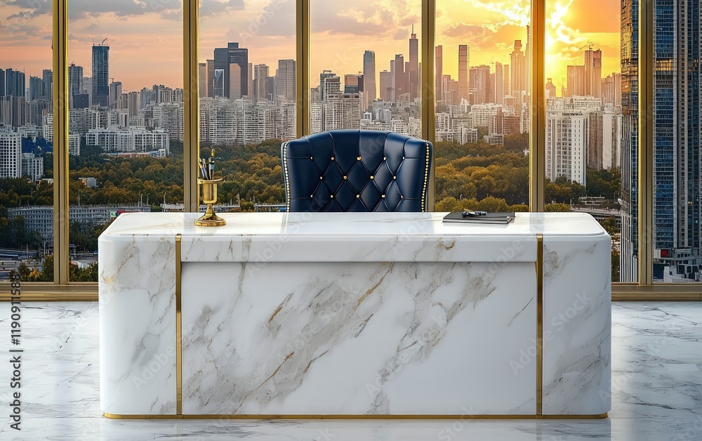 A white marble desk with gold accents and a navy leather chair