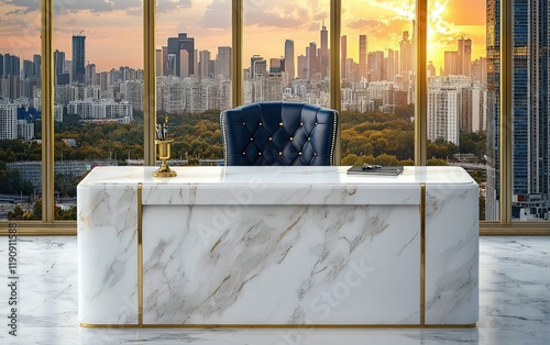 Obraz na płótnie A white marble desk with gold accents and a navy leather chair w salonie