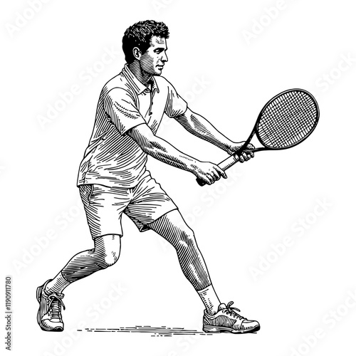 Tennis Player Ready to Hit Ball Black and White Outline Line Art Drawing with Detail