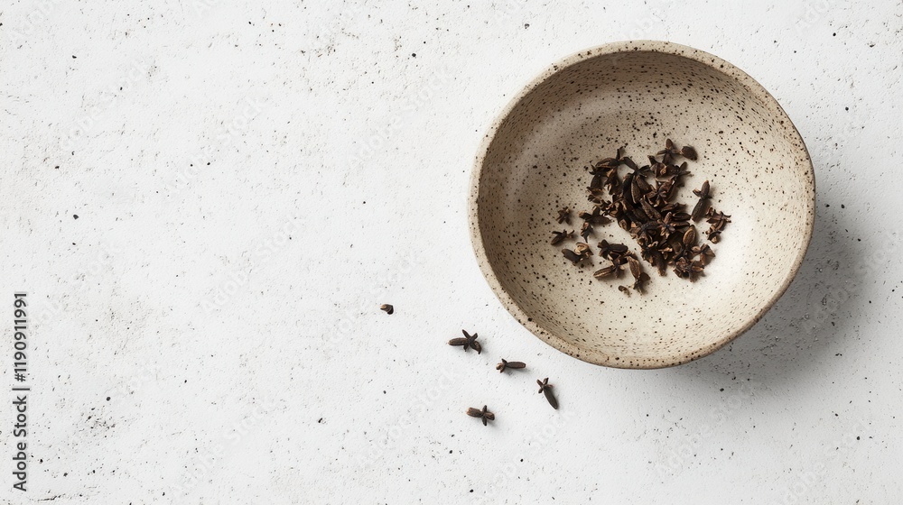 Rustic Bowl with Dried Cloves on a Light Background Rustic Bowl with Dried Cloves on a Light Background