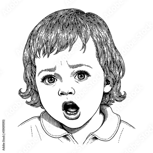 Toddler Girl with Open Mouth in Detailed Angry Face Black and White Outline Line Art Drawing