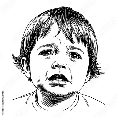 A Toddler Girl Crying Detailed Black and White Outline Line Art Drawing Illustration Isolated