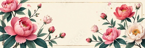 A beautiful arrangement of pink peonies with delicate green leaves on a soft background.