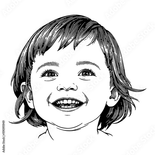 Toddler Girl Smiling with Detailed Black and White Outline Line Art Drawing Engraving Illustration