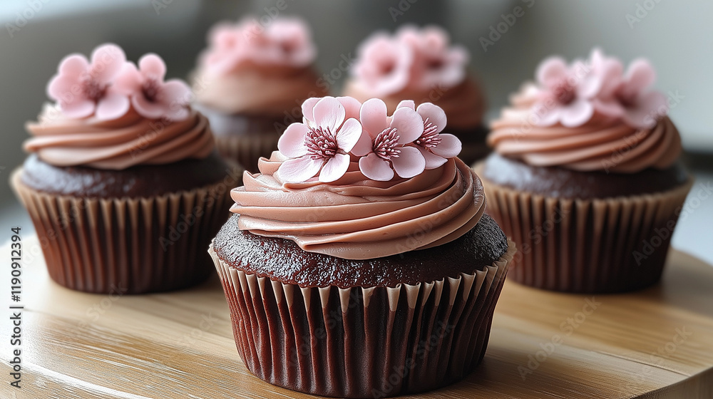 Tiny small gluten free chocolate cupcakes with pink raspberry sugar free spiral cream on top. pink and creamy chocolate cupcakes with toppings on wooden table perfect for coffee time. Tiny small gluten free chocolate cupcakes with pink raspberry sugar free spiral cream on top. pink and creamy chocolate cupcakes with toppings on wooden table perfect for coffee time.