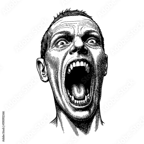 Angry Zombie with Open Mouth Scream in Detailed Black and White Outline Line Art Drawing