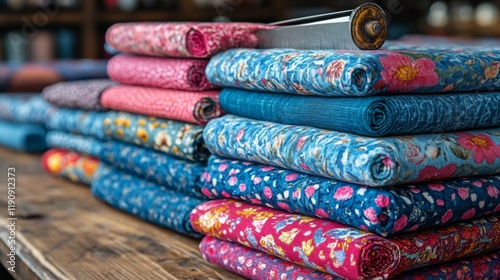 Colorful stacked fabrics on a blue table with scissors and flowers in a vase ...