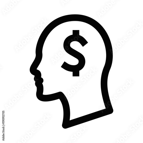 Vector illustration of a head with a dollar symbol inside. Editable stroke.