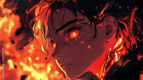 Intense Anime Character with Fiery Background Animation