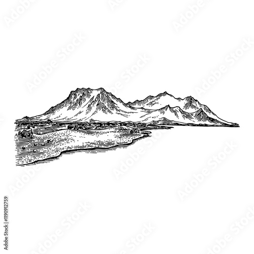 Antarctica landscape Mountain Range View Black and White Outline Line Art Drawing