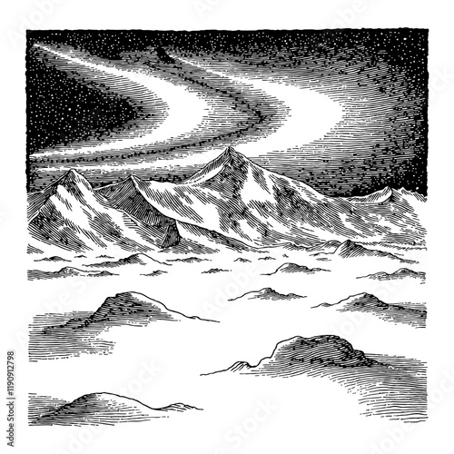 Antarctica Mountain Landscape with Aurora Sky in Detailed Black and White Outline Line Art Drawing