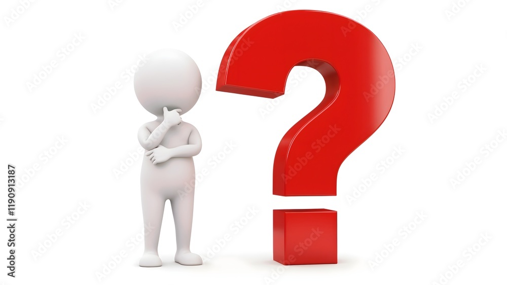 White 3D character with a thoughtful pose next to a large red question mark, perfect for illustrating confusion, brainstorming or decision-making White 3D character with a thoughtful pose next to a large red question mark, perfect for illustrating confusion, brainstorming or decision-making