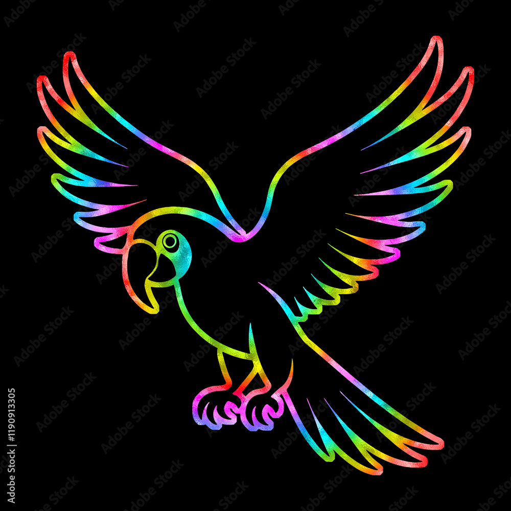 Fototapeta premium 飛んでいるオウムの虹色グラデーションのイラスト 黒背景の切り抜き