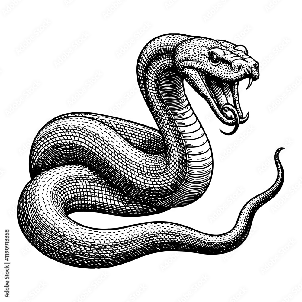 Fototapeta premium Cobra Snake with Open Mouth in Detailed Black and White Outline Line Art Drawing