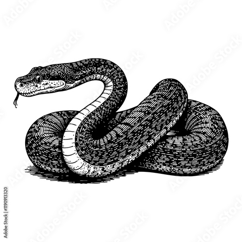 Black Mamba Snake Coiled in Detailed Black and White Outline Line Art Drawing Style