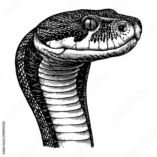 Black Mamba Snake Head Portrait in Detailed Black and White Outline Line Art Drawing