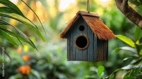 Wooden birdhouse hanging from a tree branch surrounded by vibrant flowers in ...