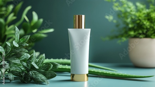 Green aloe vera plant beside a sleek black bottle on a textured stone surface