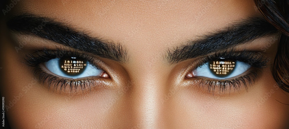 Naklejka premium Close-up of Woman s Eyes with a Glowing Digital Grid of Binary Code, Digital Footprint