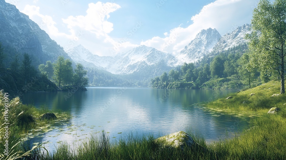 Serene mountain lake reflecting snow-capped peaks under a bright sky. Serene mountain lake reflecting snow-capped peaks under a bright sky.
