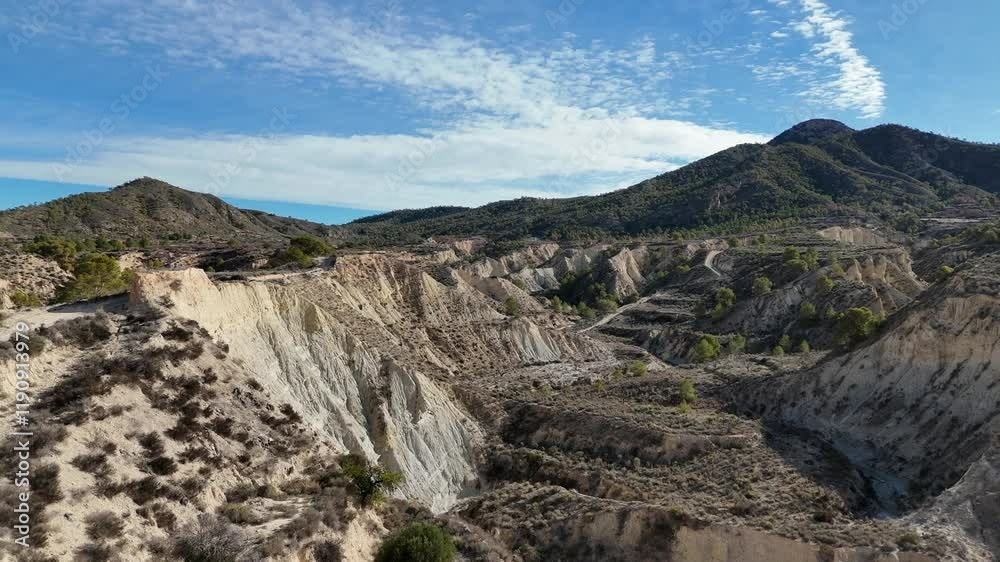 Drone view of an arid landscape of badlands and wadis in the region of Murcia, Spain, showing the effects of erosion and desertification due to climate change. Drone view of an arid landscape of badlands and wadis in the region of Murcia, Spain, showing the effects of erosion and desertification due to climate change.