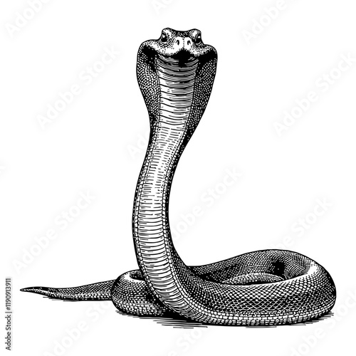 Cobra Snake Front View in Detailed Black and White Outline Line Art Drawing Style