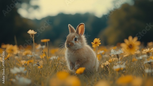 Rabbit exploring a vibrant flower field during sunny spring day