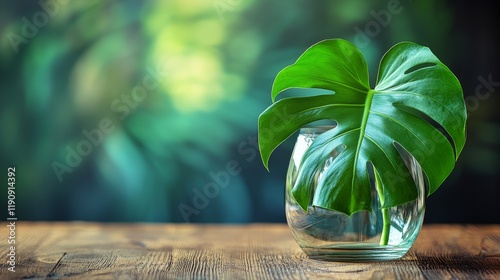 Large leafy green plants in a glass vase against a light green background