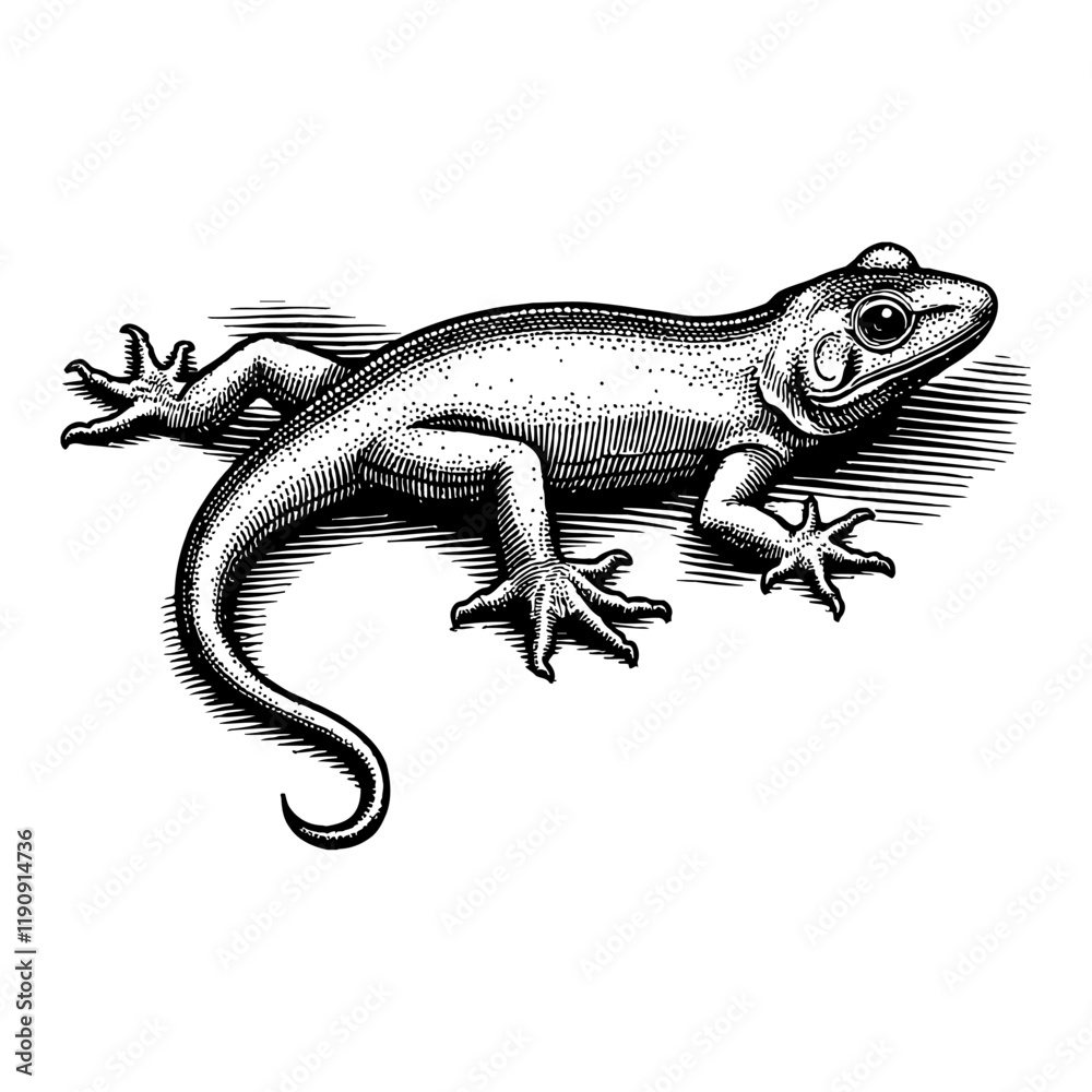 Naklejka premium Gecko Lizard Detailed Antique Black and White Outline Line Art Drawing Animal Reptile Isolated