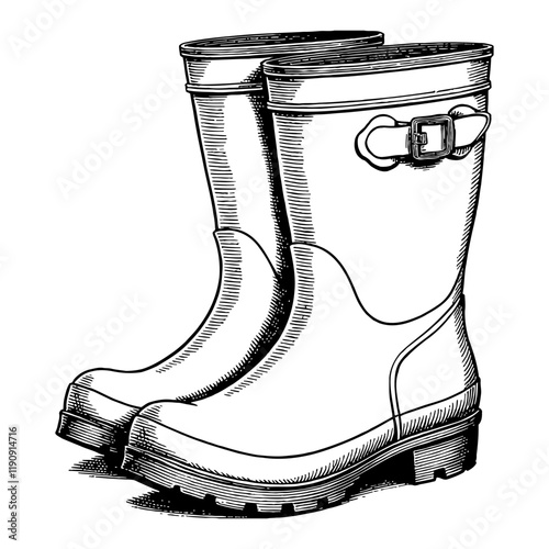 Pair of Gardening Boots Detailed Black and White Outline Line Art Drawing with Buckle Design