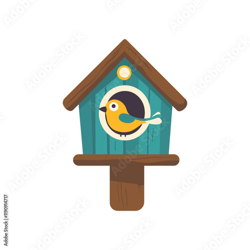 Flat illustration of a wooden birdhouse with cute bird. Vector Spring season.