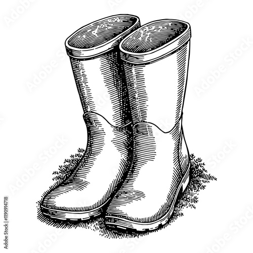 Pair of Gardening Boots Black and White Outline Line Art Drawing with Detailed Engrave Style