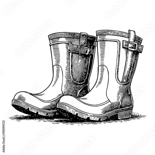 Pair of Gardening Boots with Buckles Black and White Outline Line Art Drawing Detailed