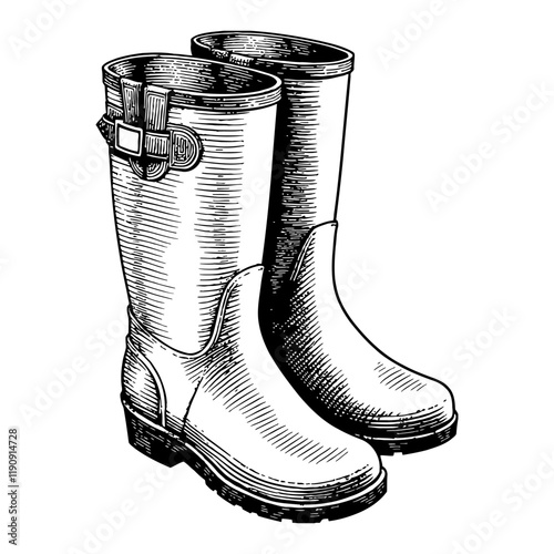 Gardening Boots Detailed Black and White Outline Line Art Drawing of Footwear Isolated